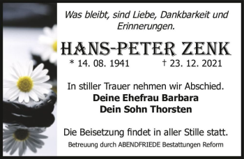 Traueranzeige von Hans-Peter Zenk  von Magdeburger Volksstimme