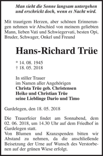 Traueranzeige von Hans-Richard Trüe  von Magdeburger Volksstimme