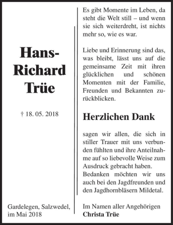 Traueranzeige von Hans-Richard Trüe  von Magdeburger Volksstimme