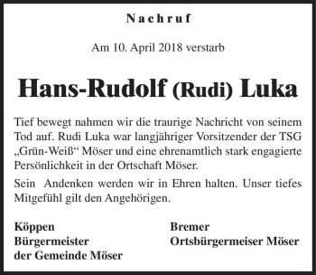 Traueranzeige von Hans-Rudolf (Rudi) Luka  von Magdeburger Volksstimme