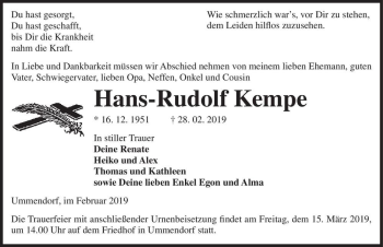 Traueranzeige von Hans-Rudolf Kempe  von Magdeburger Volksstimme
