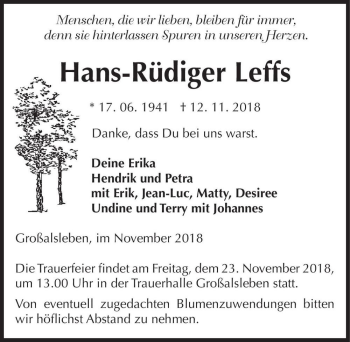 Traueranzeige von Hans-Rüdiger Leffs  von Magdeburger Volksstimme