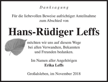 Traueranzeige von Hans-Rüdiger Leffs  von Magdeburger Volksstimme