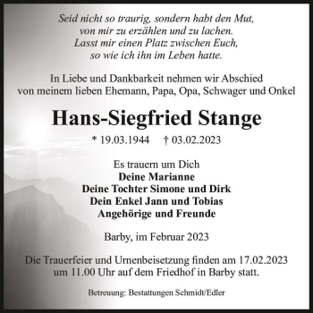 Traueranzeige von Hans-Siegfried Stange  von Magdeburger Volksstimme