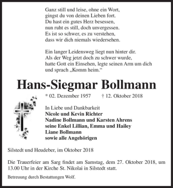 Traueranzeige von Hans-Siegmar Bollmann  von Magdeburger Volksstimme