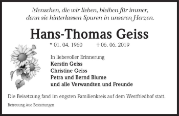 Traueranzeige von Hans-Thomas Geiss  von Magdeburger Volksstimme