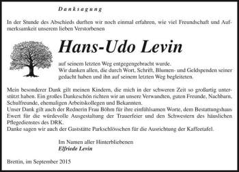 Traueranzeige von Hans-Udo Levin  von Magdeburger Volksstimme