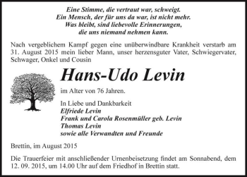 Traueranzeige von Hans-Udo Levin  von Magdeburger Volksstimme
