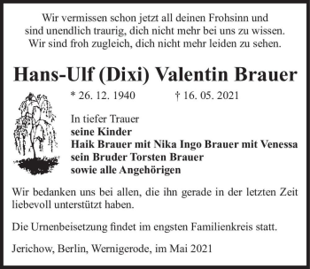 Traueranzeige von Hans-Ulf 