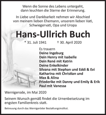 Traueranzeige von Hans-Ullrich Buch  von Magdeburger Volksstimme