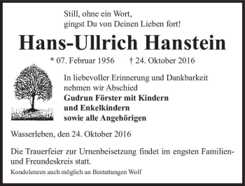 Traueranzeige von Hans-Ullrich Hanstein  von Magdeburger Volksstimme
