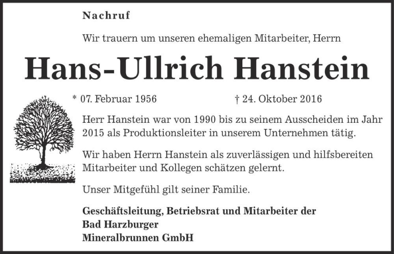  Traueranzeige für Hans-Ullrich Hanstein  vom 05.11.2016 aus Magdeburger Volksstimme