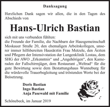 Traueranzeige von Hans-Ulrich Bastian  von Magdeburger Volksstimme