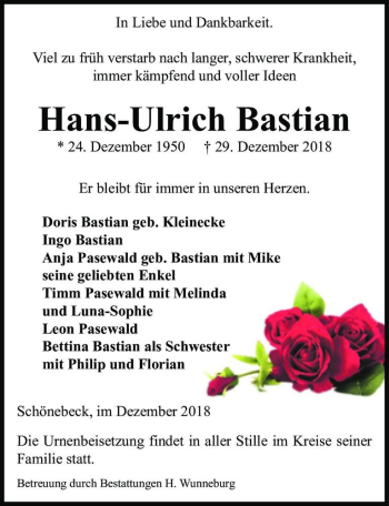 Traueranzeige von Hans-Ulrich Bastian  von Magdeburger Volksstimme