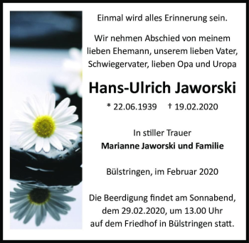 Traueranzeige von Hans-Ulrich Jaworski  von Magdeburger Volksstimme