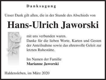 Traueranzeige von Hans-Ulrich Jaworski  von Magdeburger Volksstimme