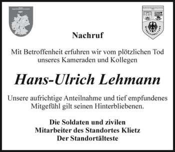 Traueranzeige von Hans-Ulrich Lehmann  von Magdeburger Volksstimme