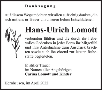 Traueranzeige von Hans-Ulrich Lomott  von Magdeburger Volksstimme