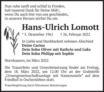 Traueranzeige von Hans-Ulrich Lomott  von Magdeburger Volksstimme