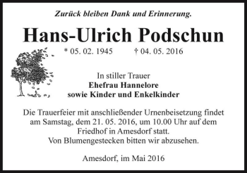 Traueranzeige von Hans-Ulrich Podschun  von Magdeburger Volksstimme