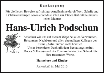Traueranzeige von Hans-Ulrich Podschun  von Magdeburger Volksstimme