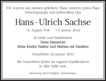 Traueranzeige von Hans-Ulrich Sachse  von Magdeburger Volksstimme