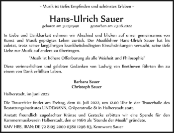 Traueranzeige von Hans-Ulrich Sauer  von Magdeburger Volksstimme