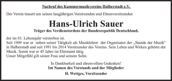 Traueranzeige von Hans-Ulrich Sauer  von Magdeburger Volksstimme