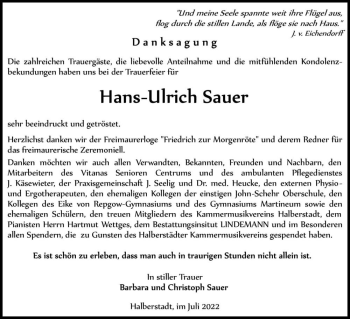 Traueranzeige von Hans-Ulrich Sauer  von Magdeburger Volksstimme