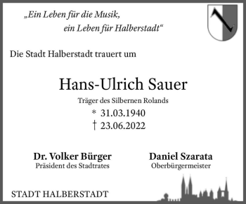 Traueranzeige von Hans-Ulrich Sauer  von Magdeburger Volksstimme