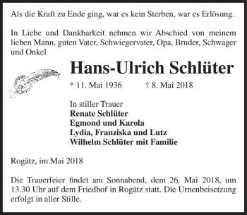 Traueranzeige von Hans-Ulrich Schlüter  von Magdeburger Volksstimme