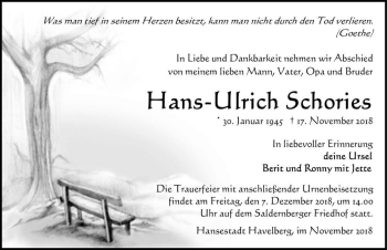 Traueranzeige von Hans-Ulrich Schories  von Magdeburger Volksstimme