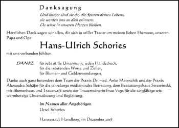Traueranzeige von Hans-Ulrich Schories  von Magdeburger Volksstimme