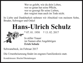 Traueranzeige von Hans-Ulrich Schulz  von Magdeburger Volksstimme