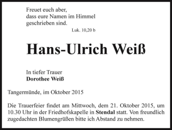 Traueranzeige von Hans-Ulrich Weiß  von Magdeburger Volksstimme