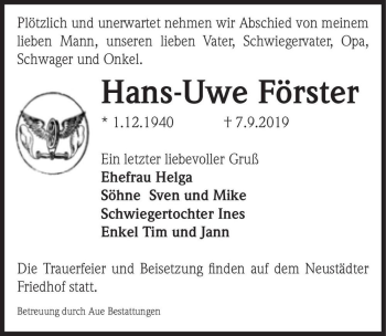 Traueranzeige von Hans-Uwe Förster  von Magdeburger Volksstimme