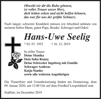 Traueranzeige von Hans-Uwe Seelig  von Magdeburger Volksstimme