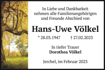 Traueranzeige von Hans-Uwe Völkel  von Magdeburger Volksstimme