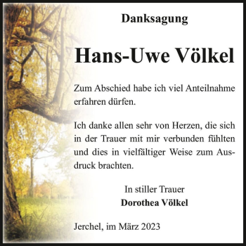 Traueranzeige von Hans-Uwe Völkel  von Magdeburger Volksstimme
