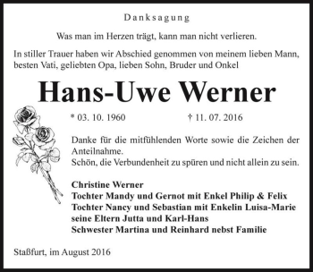 Traueranzeige von Hans-Uwe Werner  von Magdeburger Volksstimme