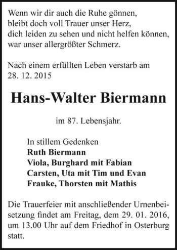 Traueranzeige von Hans-Walter Biermann  von Magdeburger Volksstimme