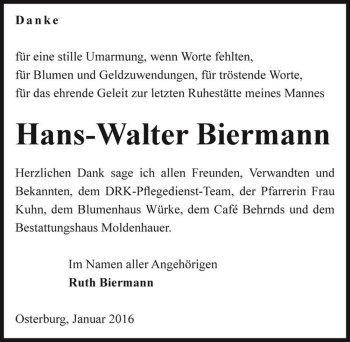 Traueranzeige von Hans-Walter Biermann  von Magdeburger Volksstimme