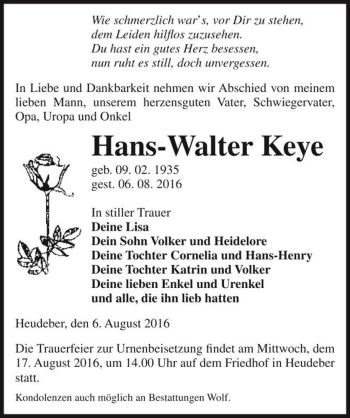 Traueranzeige von Hans-Walter Keye  von Magdeburger Volksstimme
