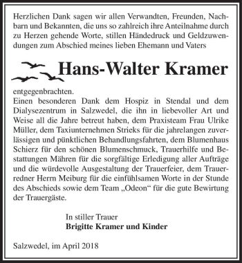 Traueranzeige von Hans-Walter Kramer  von Magdeburger Volksstimme