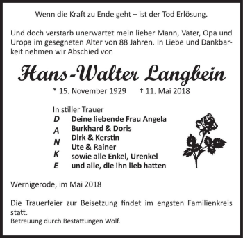 Traueranzeige von Hans-Walter Langbein  von Magdeburger Volksstimme