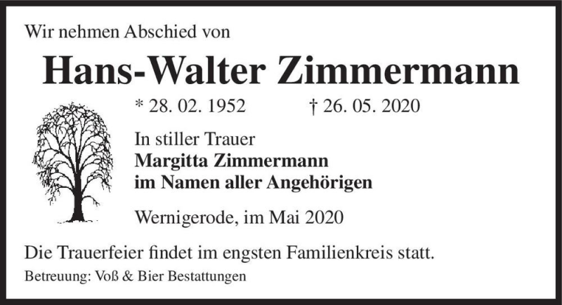  Traueranzeige für Hans-Walter Zimmermann  vom 30.05.2020 aus Magdeburger Volksstimme