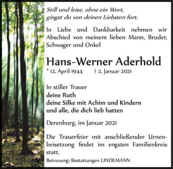 Traueranzeige von Hans-Werner Aderhold  von Magdeburger Volksstimme