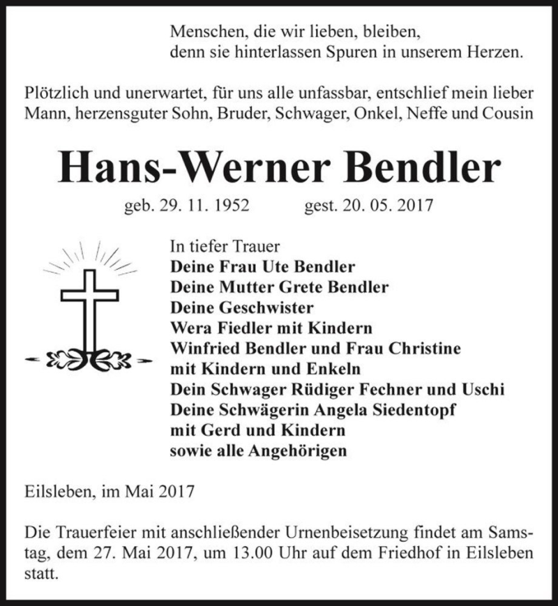  Traueranzeige für Hans-Werner Bendler  vom 23.05.2017 aus Magdeburger Volksstimme