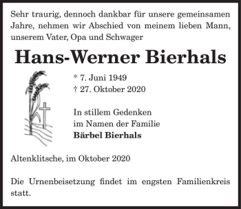 Traueranzeige von Hans-Werner Bierhals  von Magdeburger Volksstimme