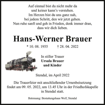 Traueranzeige von Hans-Werner Brauer  von Magdeburger Volksstimme